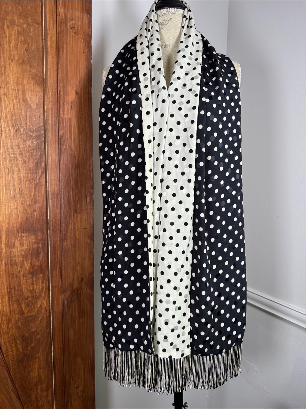 Black & White Polka Dot Long Tassels Vintage Scarf